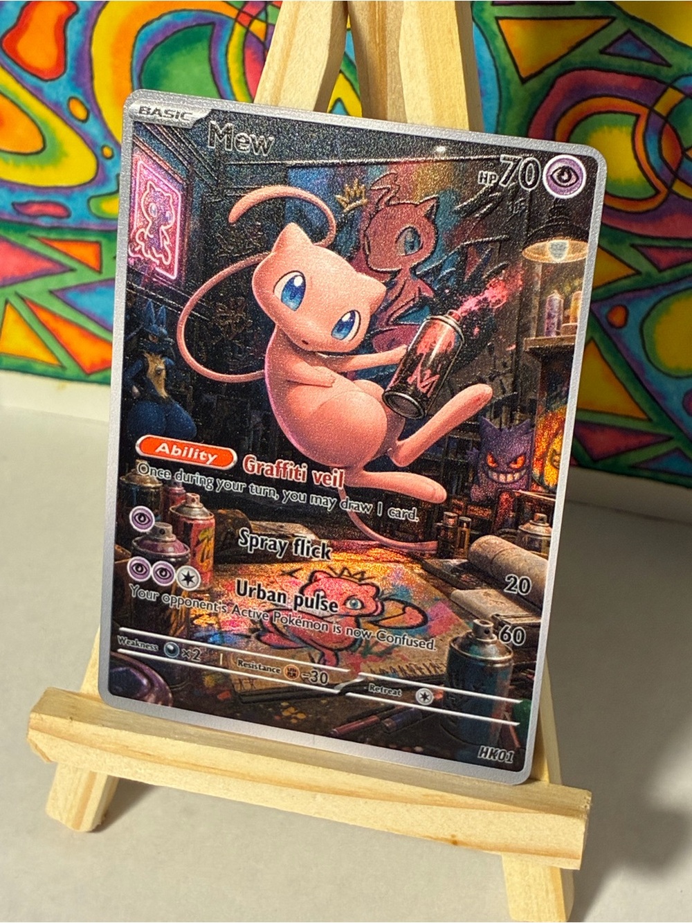 Mew Fan Art Pokemon Graffiti Style Holo Texture Collectible Card - Pink Neon
